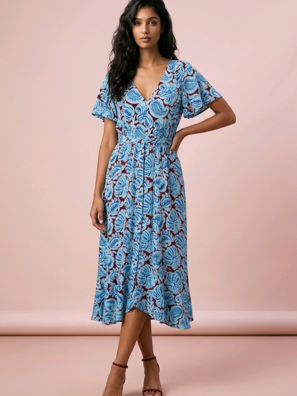 NWT J. Crew Sky Blue Floral Wrap Maxi Hi Low Dress with Maroon Floral Pattern 14
